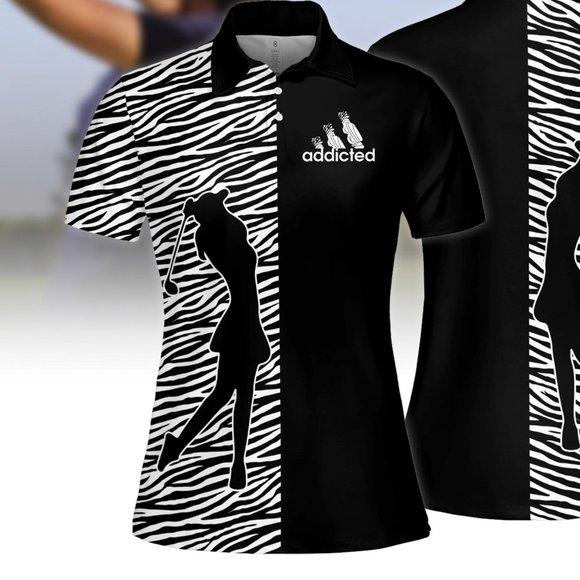 Zebra Pattern Golf Addicted Women Short Sleeve Polo Shirt - Picture 2 of 4